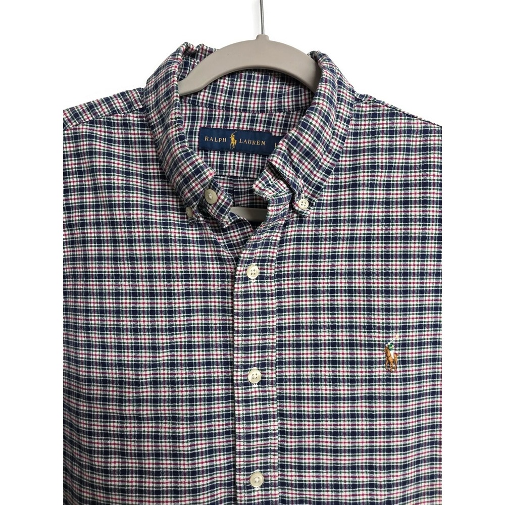 Ralph Lauren Mens Large Plaid Button Down Shirt Red White Cotton Flesh Pony